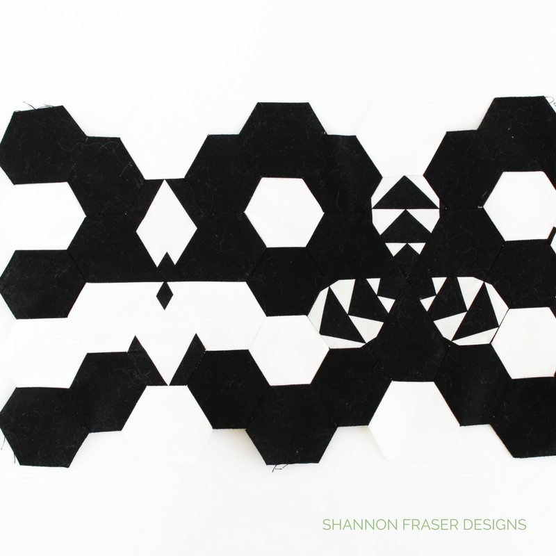 Modern Quilted Table Runner | Black & White | Shannon Fraser Designs | Quilted Hexies and Jewels using Hex-N-More Ruler