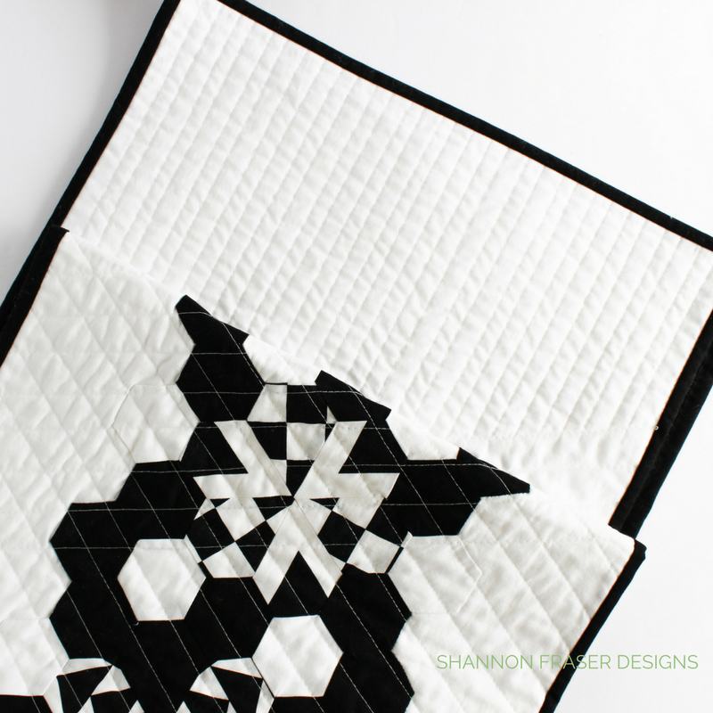 Modern Quilted Table Runner | Black & White | Shannon Fraser Designs | Quilted Hexies and Jewels using Hex-N-More Ruler
