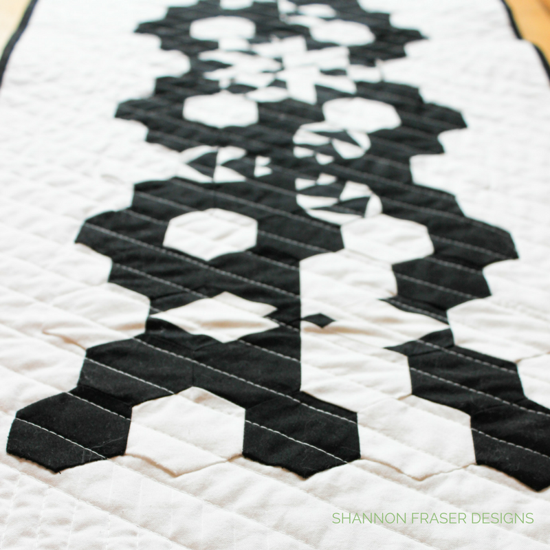 Modern Quilted Table Runner | Black & White | Shannon Fraser Designs | Quilted Hexies and Jewels using Hex-N-More Ruler