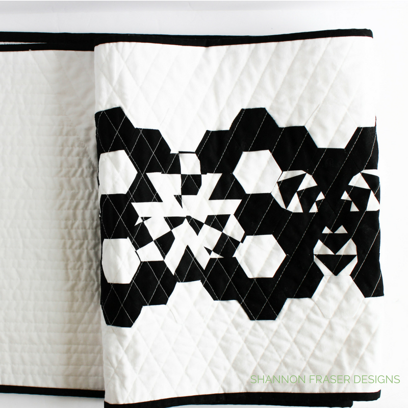 Modern Quilted Table Runner | Black & White | Shannon Fraser Designs | Quilted Hexies and Jewels using Hex-N-More Ruler