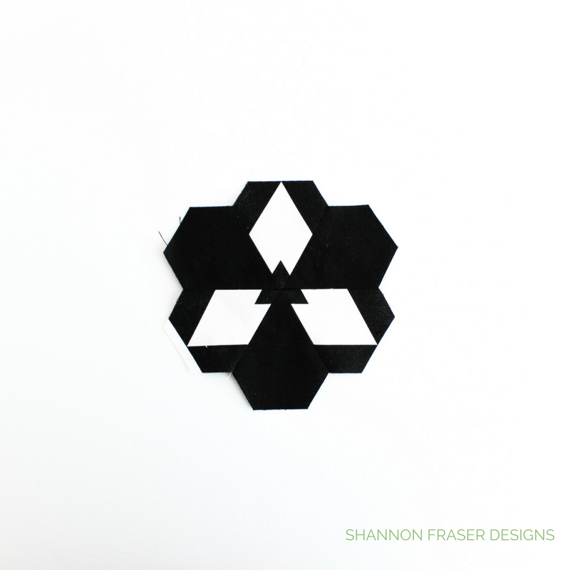 Modern Quilted Table Runner | Black & White | Shannon Fraser Designs | Quilted Hexies and Jewels using Hex-N-More Ruler