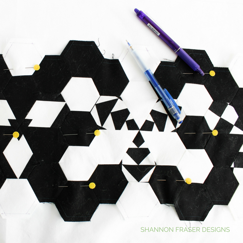 Modern Quilted Table Runner | Black & White | Shannon Fraser Designs | Quilted Hexies and Jewels using Hex-N-More Ruler | Needleturn Applique