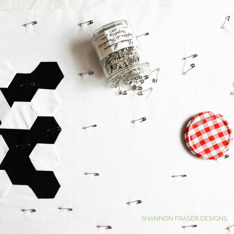 Modern Quilted Table Runner | Black & White | Shannon Fraser Designs | Quilted Hexies and Jewels using Hex-N-More Ruler