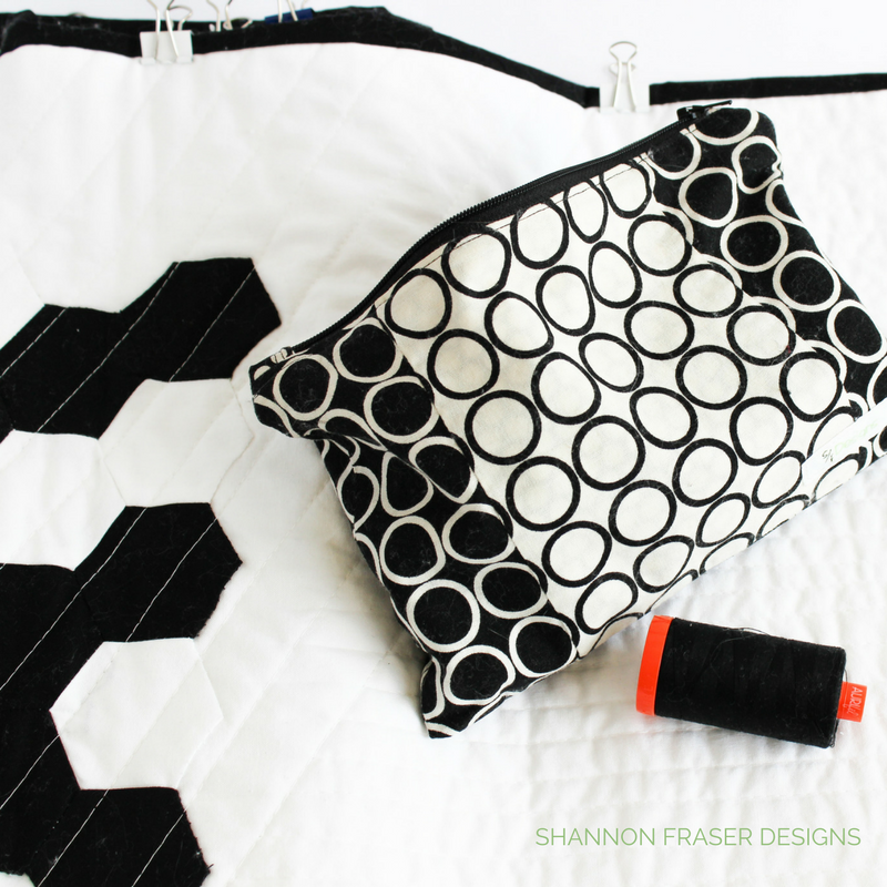 Modern Quilted Table Runner | Black & White | Shannon Fraser Designs | Quilted Hexies and Jewels using Hex-N-More Ruler
