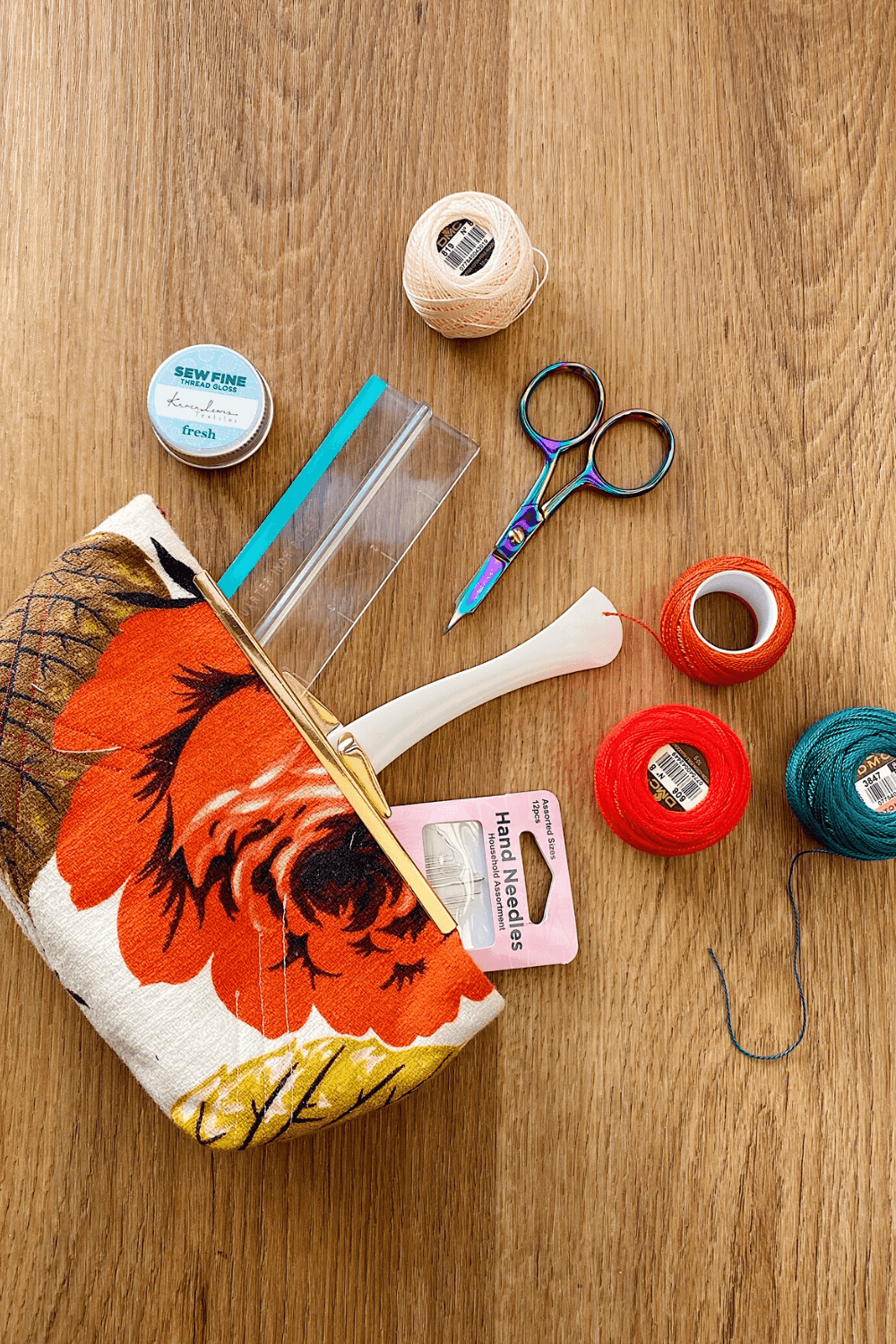 Essential notions tucked inside Cloth and Crescents sewing bag