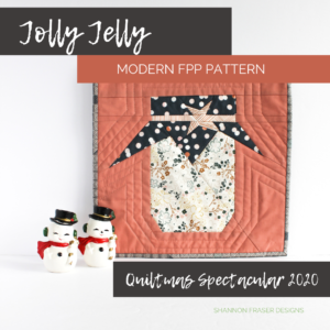 Jolly Jelly mini quilt featuring AGF Sparkler Fusion with snowmen salt and pepper shakers! Quiltmas Spectacular 2020 | Shannon Fraser Designs #foundationpaperpiecing