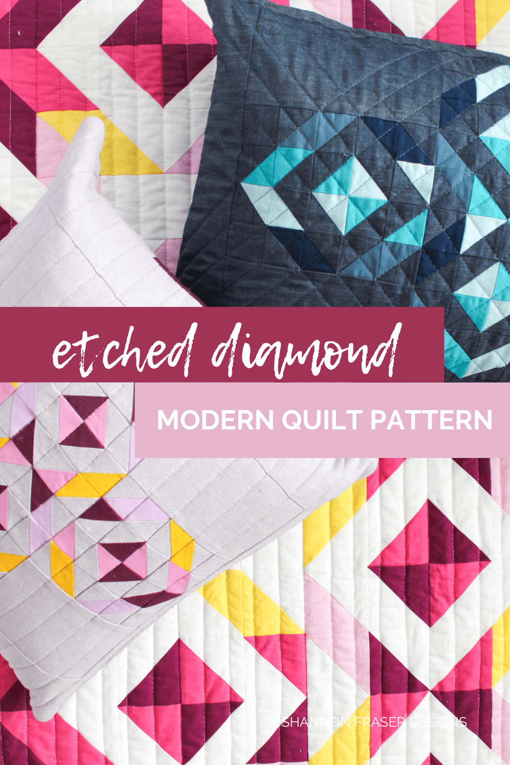 Etched Diamond Pillow Pattern by Shannon Fraser Designs is a beginner friendly pattern that can be whipped up in an afternoon! Includes step by step instructions for both a square pillow 18"x18" and a lumbar pillow 23"x15". #quiltedpillow #quilting #cushions