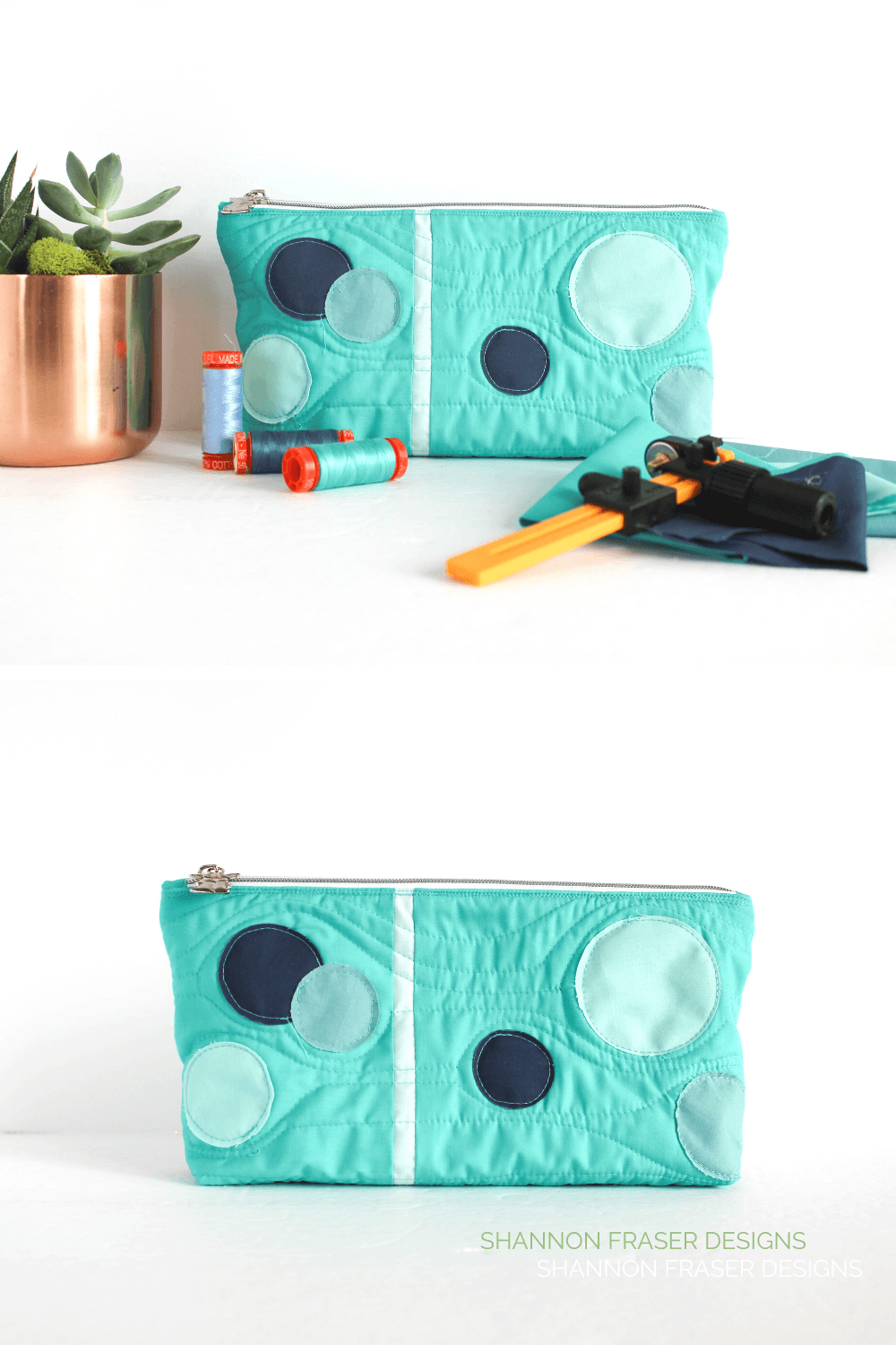 Pale Blue Dot Zip Pouch by Shannon Fraser Designs for the Slice and Stitch Challenge hosted by Aurifil Thread and Olfa. This one was all about diving into raw edge appliqué circles and celebrating Earth Views - sew fun! #rawedgeapplique #zippouch