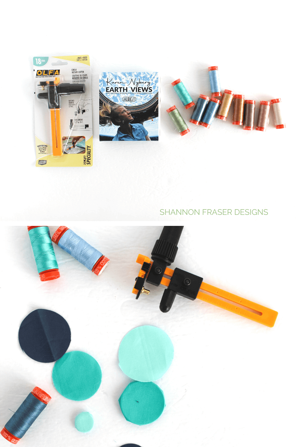 Materials and notions featured in the Pale Blue Dot zip pouch I made for the Slice & Stitch Challenge. It was fun to use the circle rotary cutter to cut perfect circles from my AGF Pure Solids and then raw edge appliqué them with 50wt Aurifil thread #rawedgeappliqué #quiltingnotions #notions