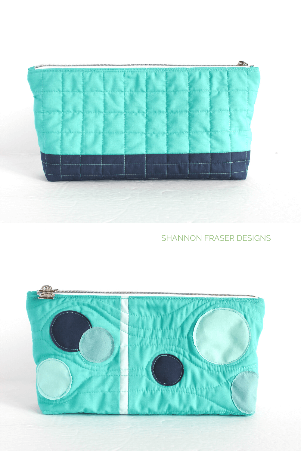 Front and back views of the Pale Blue Dot zip pouch featuring raw edge appliqué and machine quilting on Juki TL-2010Q for added texture and detail. The ombré AGF Pure Solids in shades of blue fit perfectly with the Earth Views theme | Shannon Fraser Designs #quiltedzippouch #makeupbag