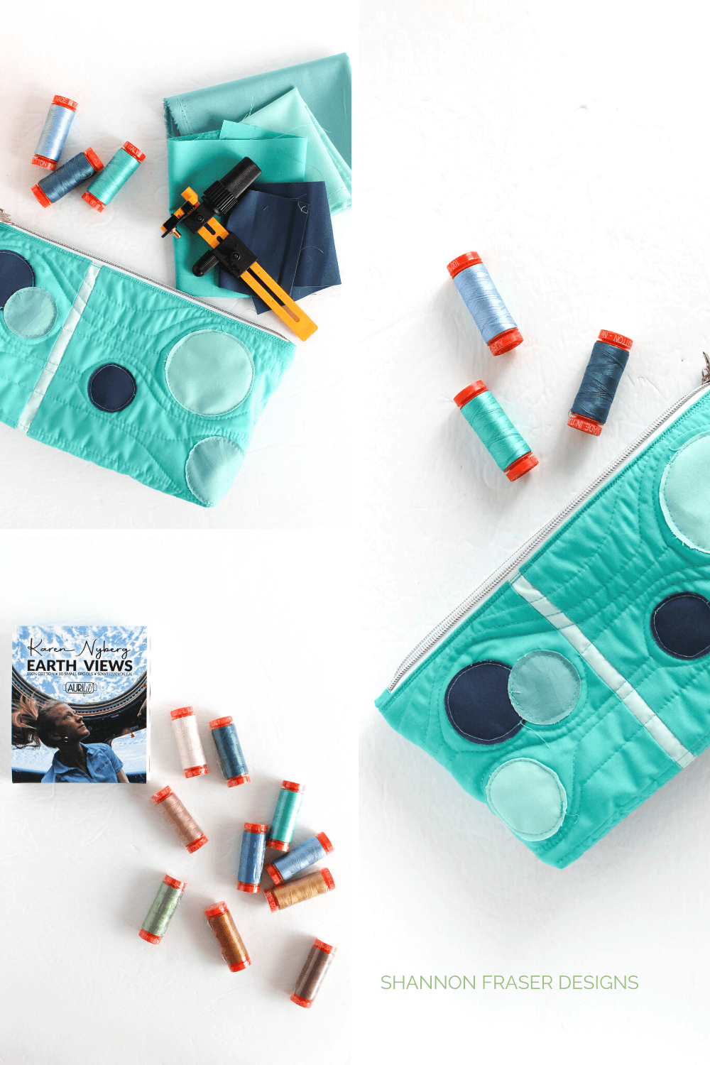 Pale Blue Dot zip pouch featuring raw edge appliqué circles with some fun quilting to enhance the theme of Earth Views from Karen Nyberg's Aurifil Thread collection #zippouch #shannonfraserdesigns #quilting