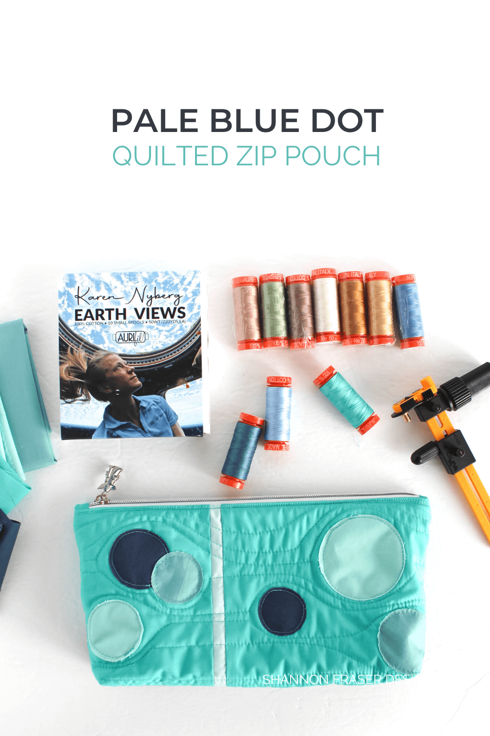 Pale Blue Dot zip pouch featuring raw edge appliqué circles using the circle rotary cutter for the Aurifil Thread and Olfa Slice and Stitch Challenge 2021 | Shannon Fraser Designs #zippouch #rawedgeappliqué #modernquilting