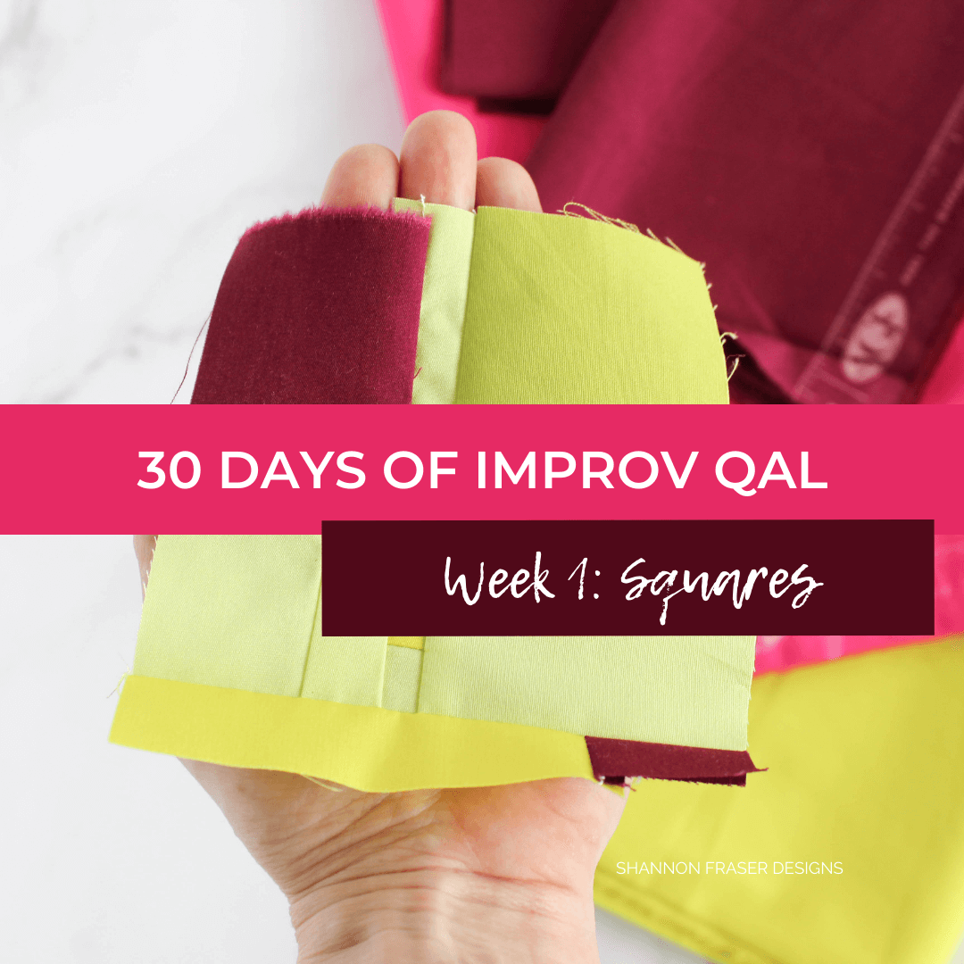 Modern improv quilt block featuring squares from the first week of 30 Days of Improv Quilt Along challenges | #30daysofimprovqal Shannon Fraser designs