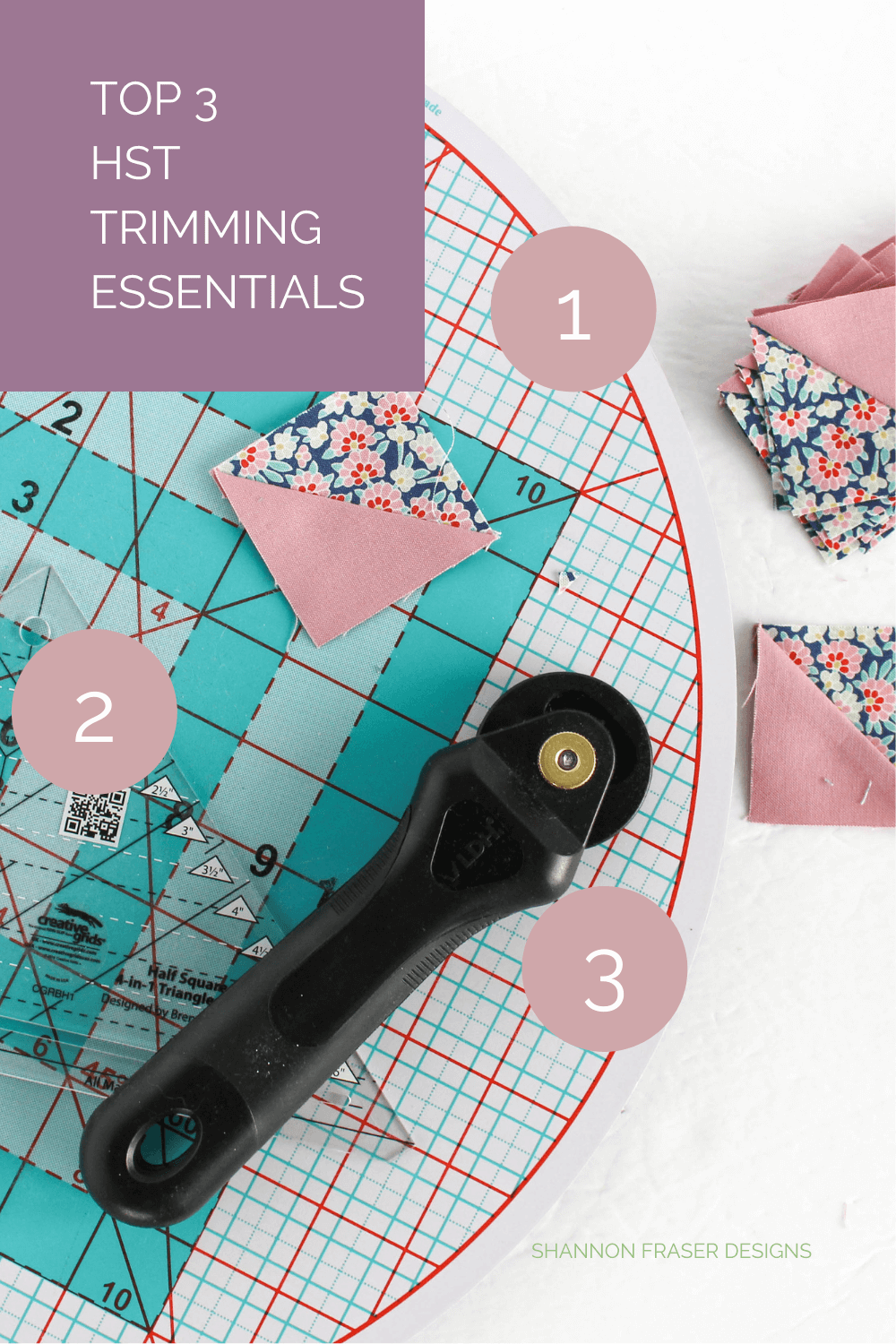 Top 3 Notions for efficient half square triangle trimming by Shannon Fraser Designs - tried and tested sewing notions that will make your next HST trimming session easy breezy #quilttips #notions #quilting