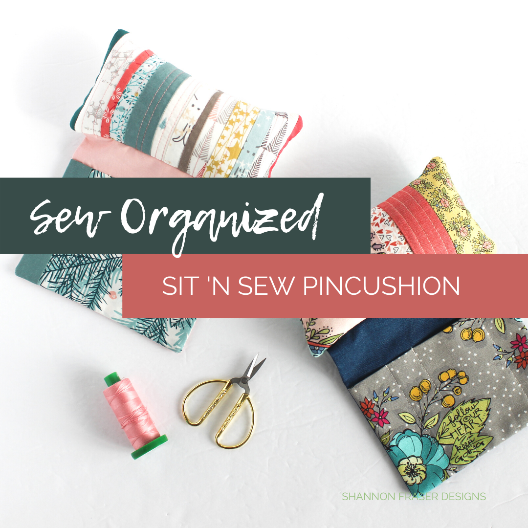 Sit 'n Sew Pincushions with a spool of Aurifil Thread in 40wt and a pair of gold LDH Scissors | Sew Organized Sit 'n Sew Pincushion | Shannon Fraser Designs #seworganized