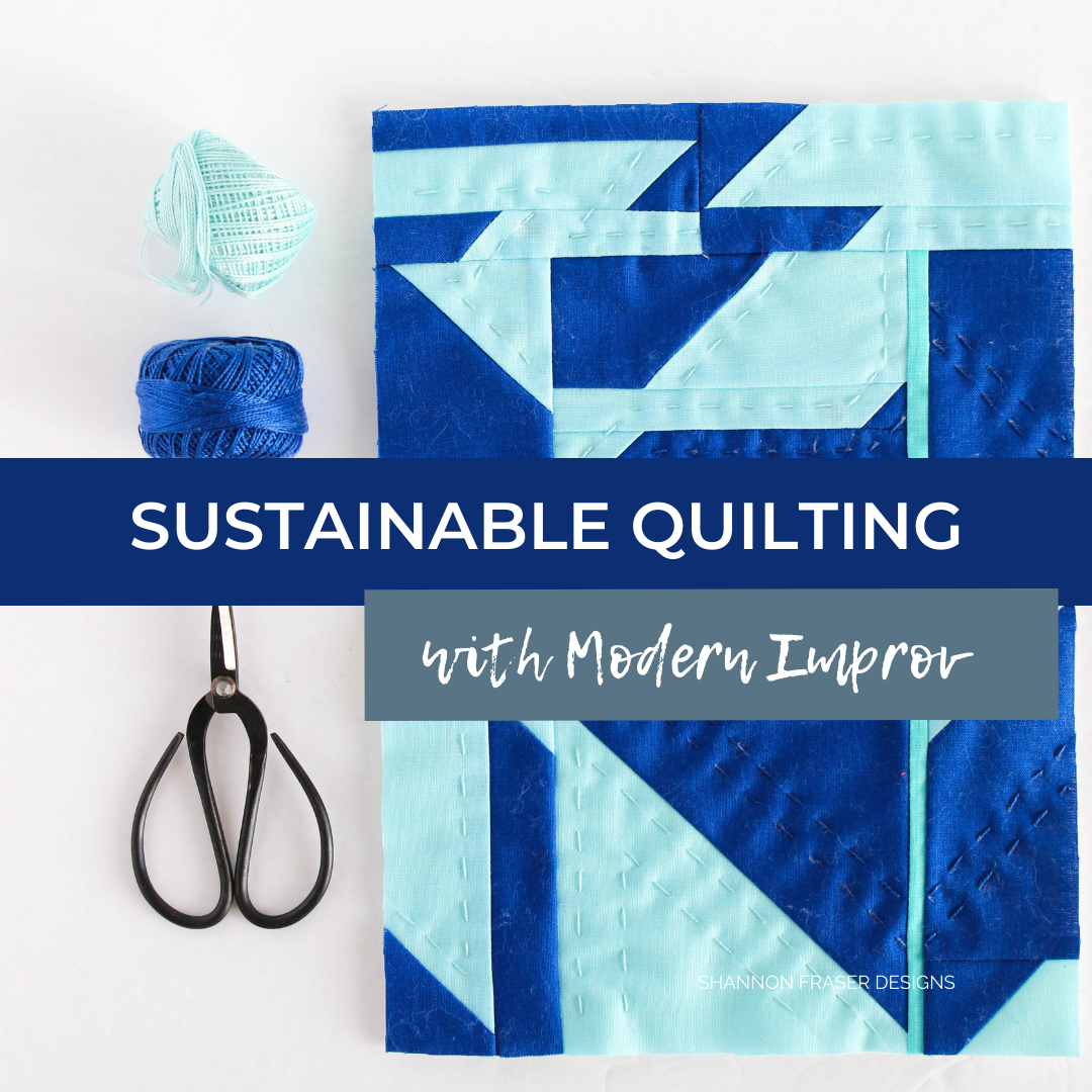 Sustainable quilting through the art of improv | Modern mini abstract quilts featuring blue fabric scraps from the Double Windmill quilt | Shannon Fraser Designs #modernabstractart #miniquilt #sustainablequilting