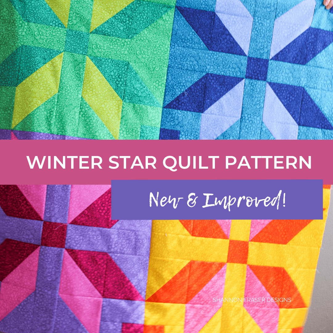 Winter Star Quilt Pattern New & Improved by Shannon Fraser Designs available in 4 quilt sizes: baby, throw, double and queen. Includes instructions for fat quarter-friendly and 8-colourway versions. See all the pattern features up on the blog #winterstarquilt #rainbowquilt