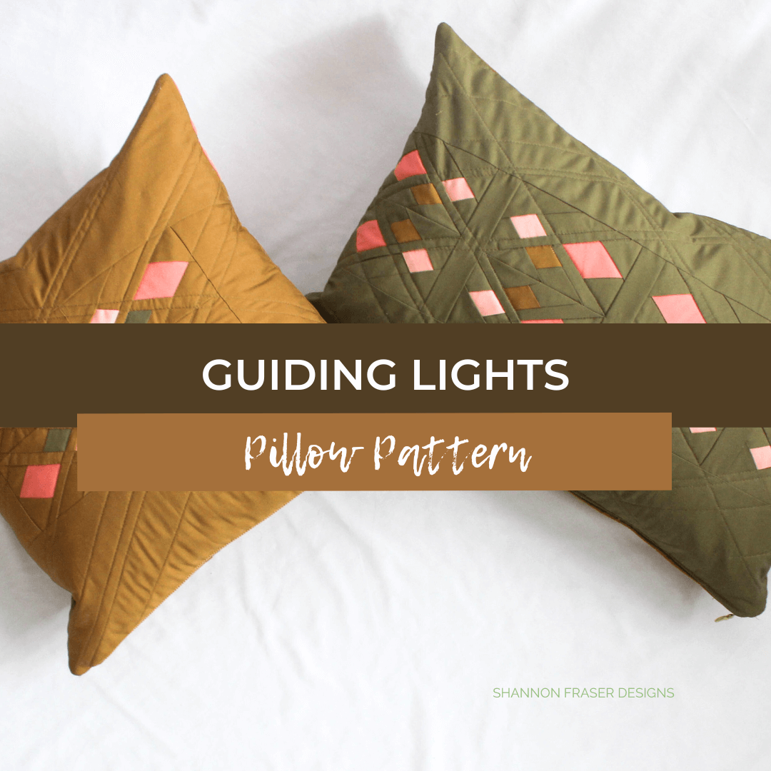 Guiding Lights Quilted Pillow Pattern by Shannon Fraser Designs includes instructions for both an18"x18" square pillow and 23"x15" lumbar pillow. The patchwork cushion uses FPP to achieve nice crisp points on the diamond motif. See more on the blog #quiltedpillow #cushion #fpp #patchwork
