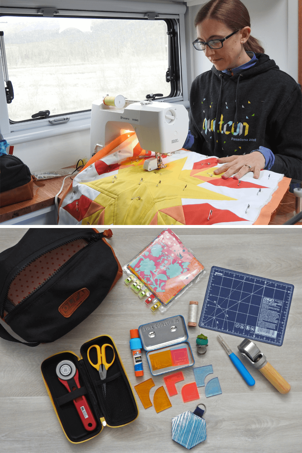 Yvonne quilting in her Wabi-Sabi Overlander that she mentioned as part of the What's in Your Sewing Bag Series hosted by Shannon Fraser Designs See more on the blog #quiltblog #sewing #sewingkit
