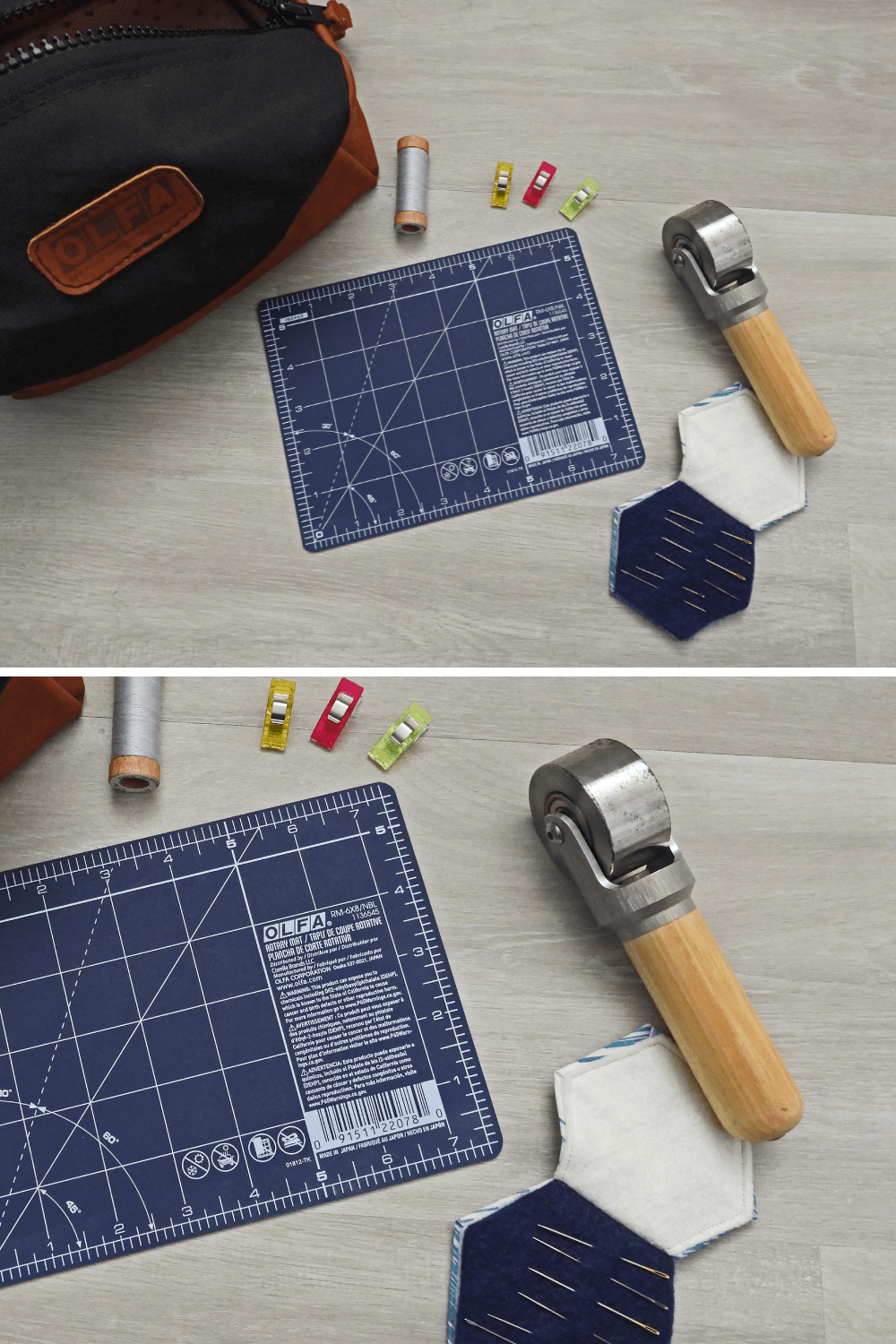 Traveling self-healing cutting mat, Clover clips, 80wt Aurifil Thread and a custom made seam roller as part of the What's in Your Sewing Bag Series hosted by Shannon Fraser Designs See more on the blog #quiltblog #sewing #sewingkit