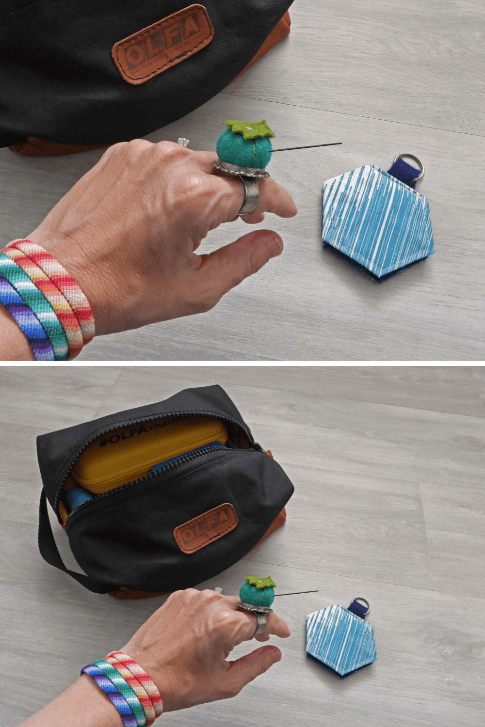Close up detail on the handmade needle minder that's in Quilting Jetgirl's sewing bag she shared as part of the What's in Your Sewing Bag Series hosted by Shannon Fraser Designs See more on the blog #quiltblog #sewing #sewingkit