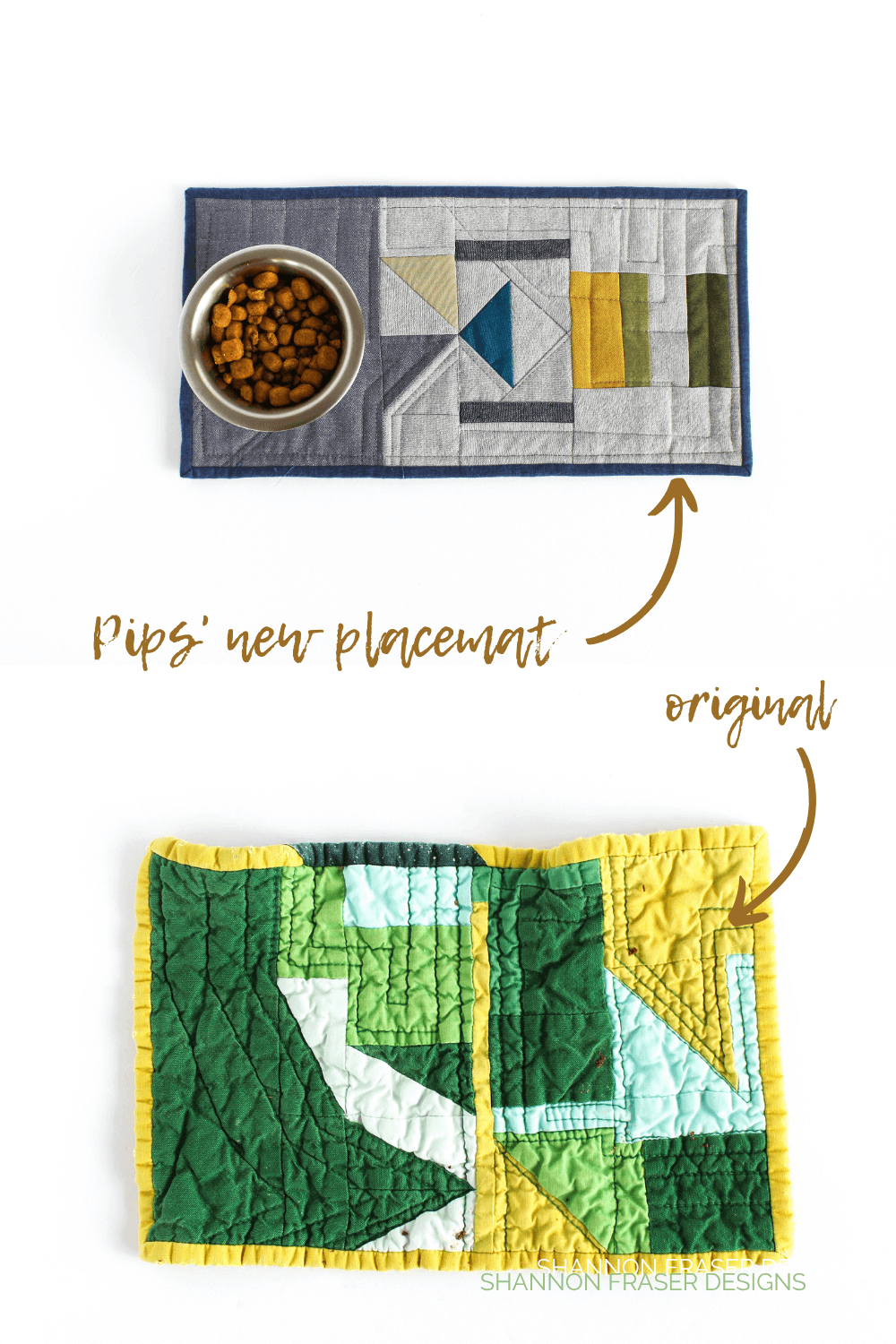 🐾 Is your cat a messy eater? Create a stylish and sustainable solution with this quilted pet food placemat tutorial! This modern quilter used wovens and linen leftovers to stitch up a fun improv design that's functional and beautiful. #SustainableSewing #QuiltedPetAccessories #ModernQuilter #CatMomDIY