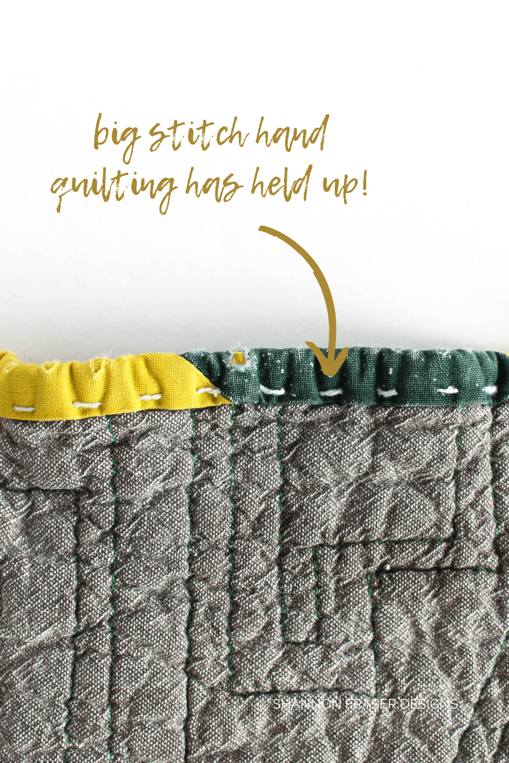 Amazingly, big stitch hand binding holds up beautifully after repeated washing. See more over on Shannon Fraser Designs.