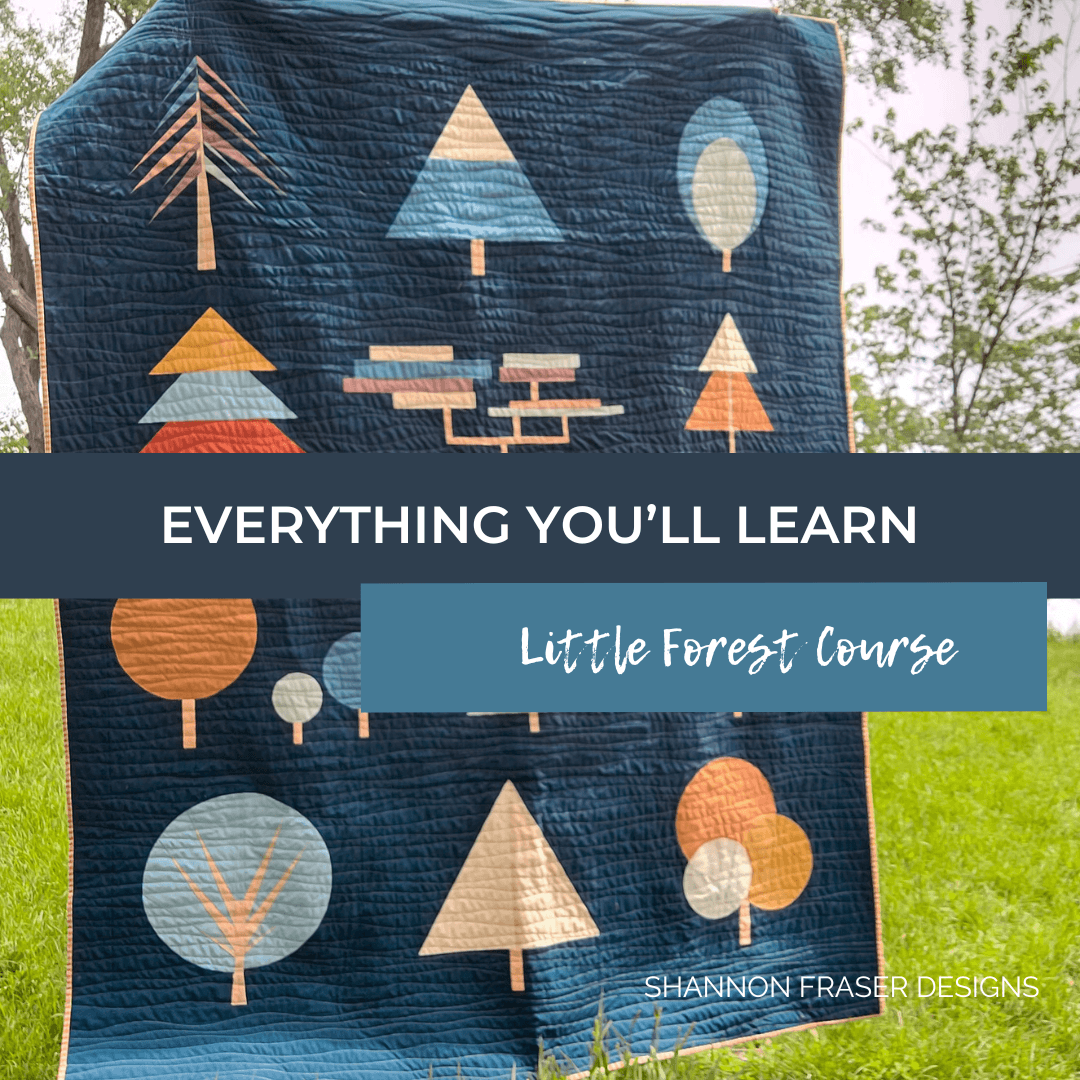 Ready to build your quilting skills with confidence? The Little Forest Quilt Course walks you through every step as you learn curved piecing, foundation paper piecing, appliqué, half rectangle triangles and more. Stitch at your own pace with detailed video lessons, printable resources and guidance from start to finish. #ModernQuilting #QuiltingCourse #LearnToQuilt #QuiltPattern #CurvedPiecing #FoundationPaperPiecing #QuiltTutorial #LittleForestQuilt